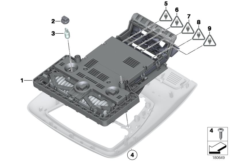 Picture board Switch cluster, roof, low for the BMW X Series models  Original BMW spare parts from the electronic parts catalog (ETK) for BMW motor vehicles (car)   Bulb, Bulb socket, Fillister head screw with collar, Repair kit, switch cluster, roof, Soc