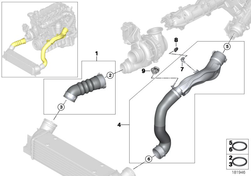 Picture board INTAKE MANIFOLD-SUPERCHARG.AIR DUCT/AGR for the BMW X Series models  Original BMW spare parts from the electronic parts catalog (ETK) for BMW motor vehicles (car)   Charge air line, Holder, Plug housing, Preformed seal, Temperature sensor, i