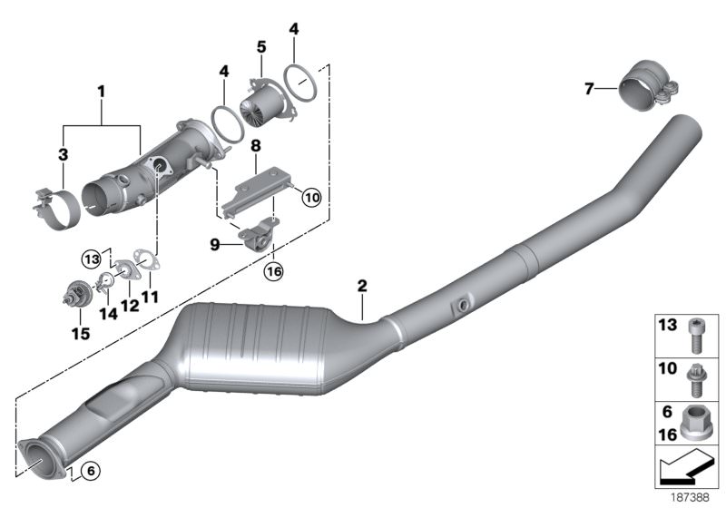 Picture board Catalytic converter/front silencer for the BMW X Series models  Original BMW spare parts from the electronic parts catalog (ETK) for BMW motor vehicles (car)   ASA-Bolt, Bracket, front pipe, CLAMPING BUSH, Collar nut, Exchange exhaust pipe c