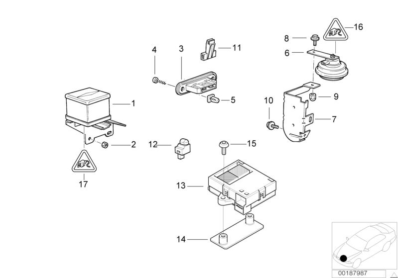 Bildtafel Diebstahlwarnanlage für die BMW 7er Modelle  Original BMW Ersatzteile aus dem elektronischen Teilekatalog (ETK) für BMW Kraftfahrzeuge( Auto)    Halter Modul Funkinnenraumschutz, Halter Notstromsirene, Hutmutter, Kontrollleuchte, Kunststoffmutte