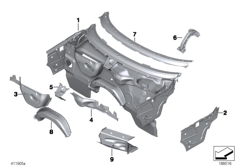 Bildtafel Stirnwand Einzelteile für die BMW Z Modelle  Original BMW Ersatzteile aus dem elektronischen Teilekatalog (ETK) für BMW Kraftfahrzeuge( Auto)    A-Säule innen links, Abschlusswand Heizung, Abstützung Lenksäule, Aufnahme Domstrebe Mitte, Querträg