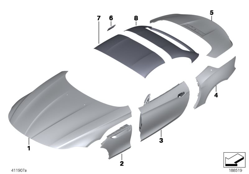 Picture board OUTER PANEL for the BMW Z Series models  Original BMW spare parts from the electronic parts catalog (ETK) for BMW motor vehicles (car)   DOOR RIGHT, Fill-in flap, primed, Hood, RIGHT REAR SIDE PANEL, Roof shell, front, Roof shell, rear, Side