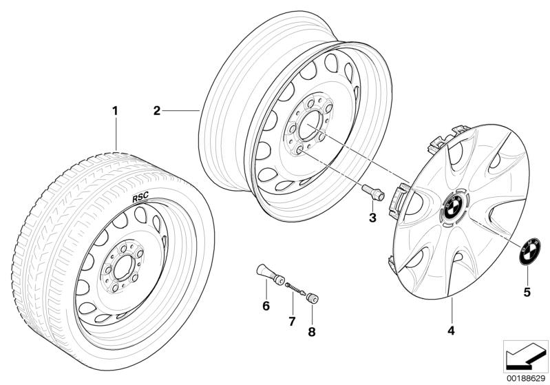 Picture board STEEL RIM STYL.12 for the BMW 1 Series models  Original BMW spare parts from the electronic parts catalog (ETK) for BMW motor vehicles (car)   BMW insignia stamped with adhesive film, Rubber valve, STEEL RIM SCHWARZ, Valve, Valve caps, Wheel