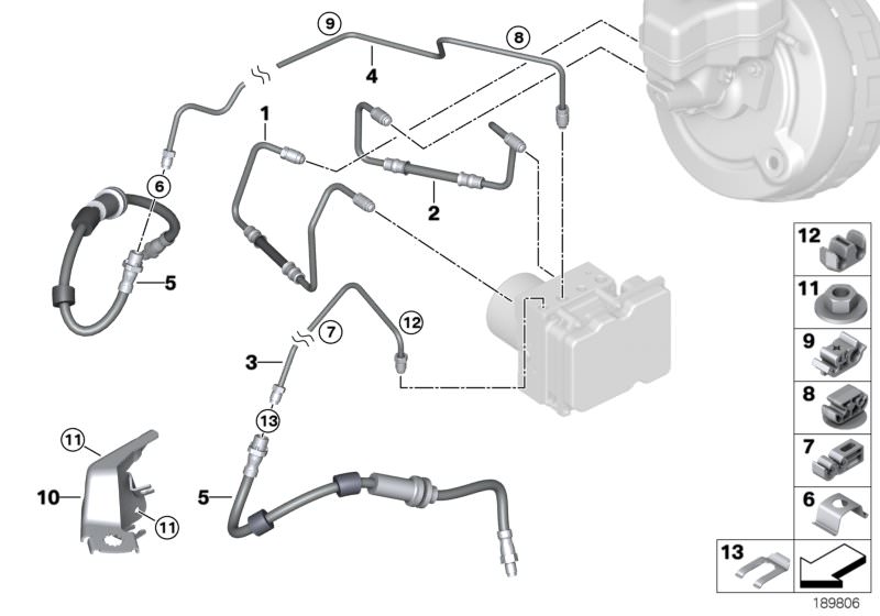 Illustration du Tuyau de frein avant pour les BMW 3 Série Modèles  Pièces de rechange d'origine BMW du catalogue de pièces électroniques (ETK) pour véhicules automobiles BMW (voiture)   Brake hose front, BRAKE PIPE BRACKET, Clip, Hex nut, Holder, brake ho