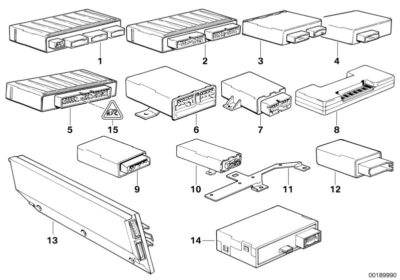 Picture board BODY CONTROL UNITS AND MODULES for the BMW Classic parts  Original BMW spare parts from the electronic parts catalog (ETK) for BMW motor vehicles (car)   Basic module, Bracket, control unit, BULB TESTING DEVICE, CHECK-CONTROL MODULE, Control