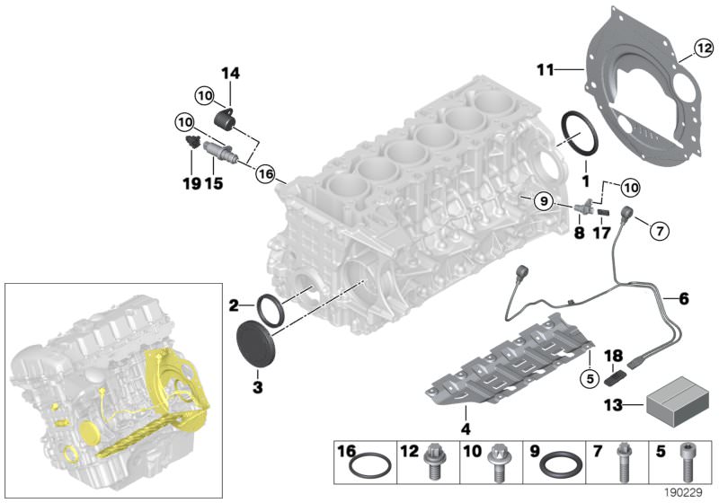 Picture board Engine block mounting parts for the BMW 5 Series models  Original BMW spare parts from the electronic parts catalog (ETK) for BMW motor vehicles (car)   Blind plug, Cover lid, Covering plate, Gasket Set Engine Block Asbesto Free, Hydraulic v