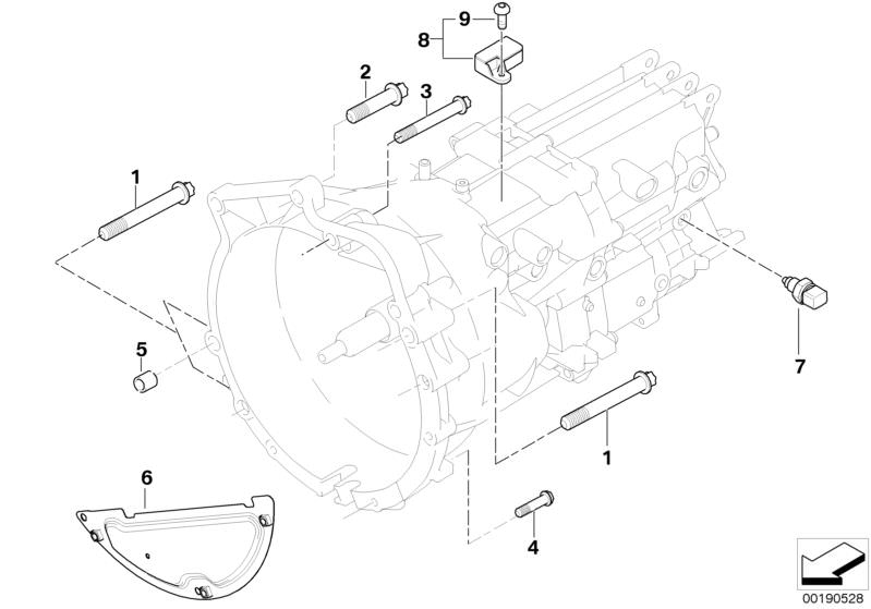 Picture board Transmission mounting parts for the BMW 1 Series models  Original BMW spare parts from the electronic parts catalog (ETK) for BMW motor vehicles (car)   ASA-Bolt, Covering plate, Dowel, Hex Bolt, REVERSING LIGHT SWITCH, Torx bolt, Torx screw