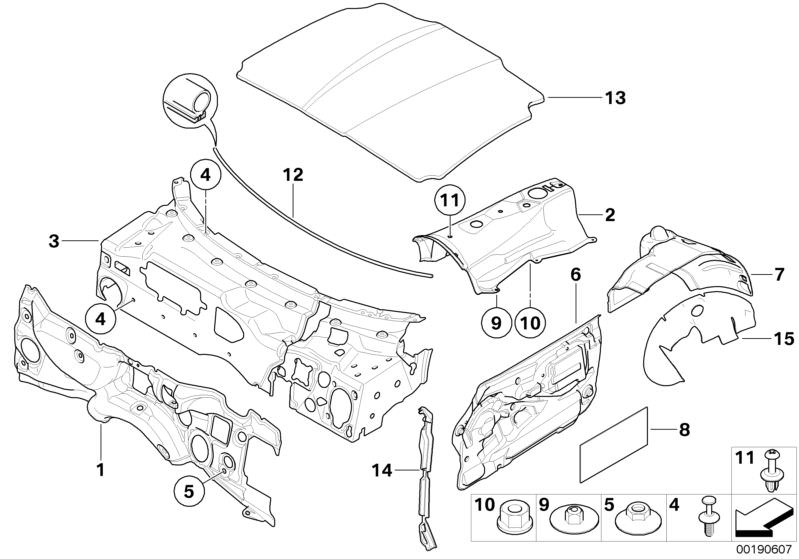 Picture board Sound insulation for the BMW Z Series models  Original BMW spare parts from the electronic parts catalog (ETK) for BMW motor vehicles (car)   Body nut, Expanding rivet, Fixing plug, FRONT ENGINE HOOD SEALING, Plastic nut, Push-button, Sound 