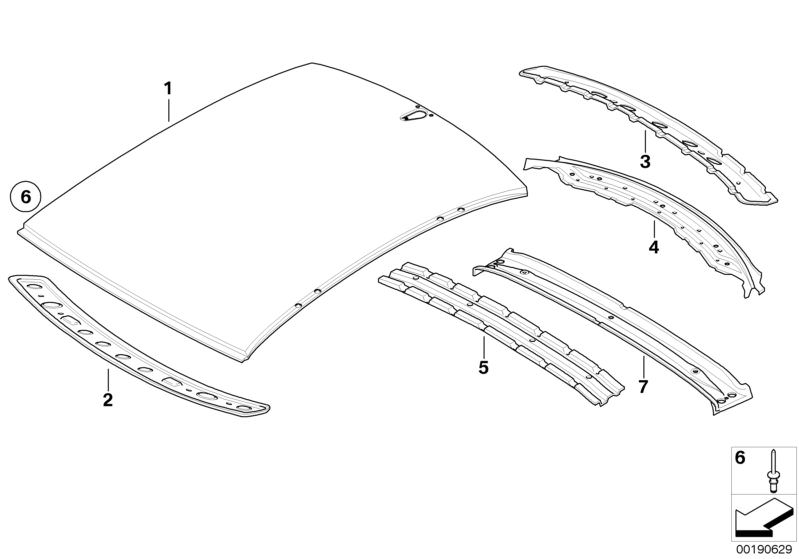 Bildtafel Dach für die BMW 5er Modelle  Original BMW Ersatzteile aus dem elektronischen Teilekatalog (ETK) für BMW Kraftfahrzeuge( Auto)    Dachaussenhaut, Dachspriegel, Dachspriegel hinten, Heckfensterrahmen oben, Heckfensterrahmen unten, Reparaturniet f