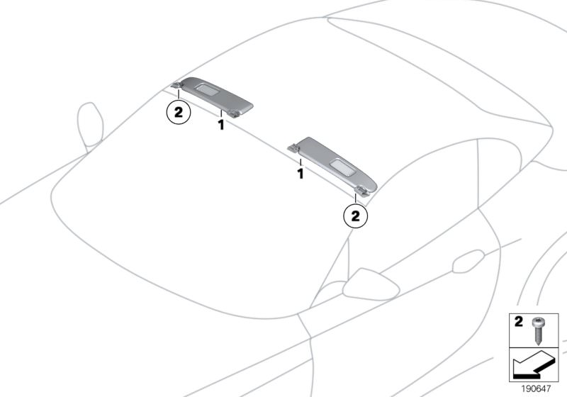 Picture board Sun visors for the BMW Z Series models  Original BMW spare parts from the electronic parts catalog (ETK) for BMW motor vehicles (car)   Sheet screw, black, Sun visor, leather left