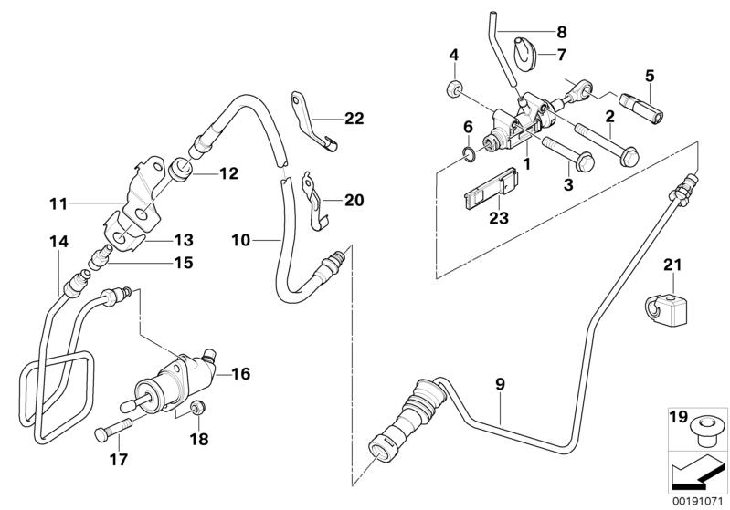 Bildtafel Kupplungsbetätigung für die BMW X Modelle  Original BMW Ersatzteile aus dem elektronischen Teilekatalog (ETK) für BMW Kraftfahrzeuge( Auto)    Bolzen Geberzylinder, Drosselventil, Druckschlauch, Geberzylinder Kupplung, Haltefeder, Halter, Halter