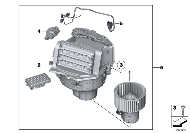 Picture board Blower unit / mounting parts for the BMW 5 Series models  Original BMW spare parts from the electronic parts catalog (ETK) for BMW motor vehicles (car)   Actuator, Blower motor, Blower regulator, Blower unit, Plastic bolt, WIRING BLOWER