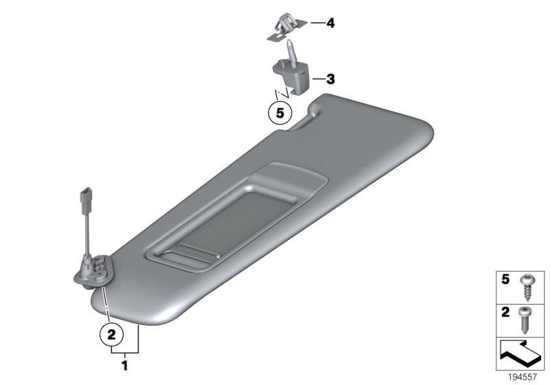 Picture board Sun visors for the BMW X Series models  Original BMW spare parts from the electronic parts catalog (ETK) for BMW motor vehicles (car)   Clip, Screw, self tapping, Sheet screw, black, SUN VISOR BRACKET, Sun visor, foil, with mirror, left