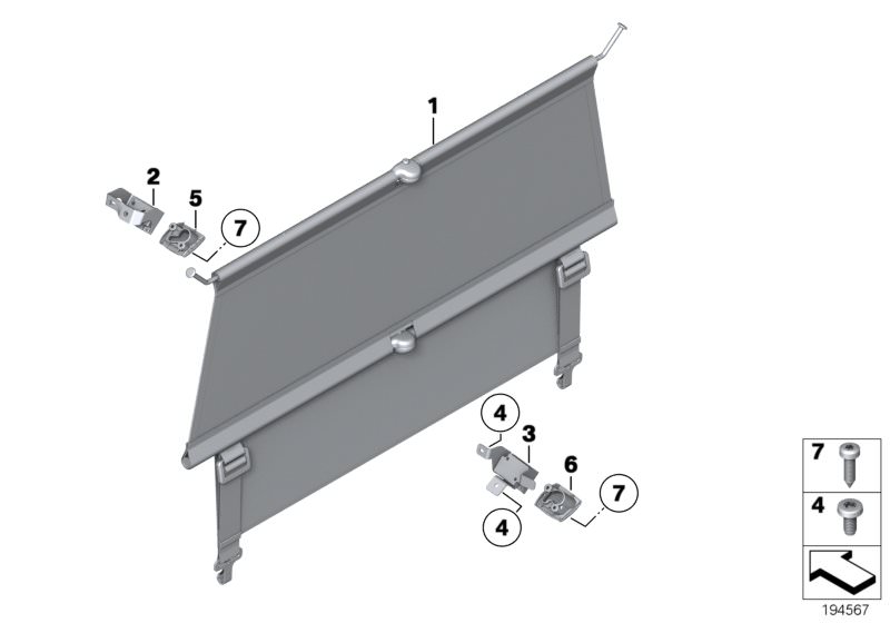 Picture board Load area net for the BMW X Series models  Original BMW spare parts from the electronic parts catalog (ETK) for BMW motor vehicles (car)   Cover f dividing net bracket right, Luggage compartment net, Oval-head screw/washer assembly, Sheet me