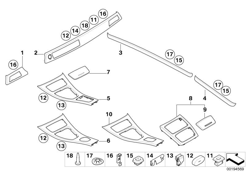 Picture board Interior trim strips, satin-silber for the BMW 3 Series models  Original BMW spare parts from the electronic parts catalog (ETK) for BMW motor vehicles (car)   Circlip, Clamp, Clip, outer decor strip, Cover, Cover centre console, front, Cove