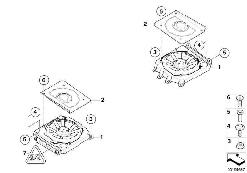 Picture board Components central bass for the BMW 6 Series models  Original BMW spare parts from the electronic parts catalog (ETK) for BMW motor vehicles (car)   Blind rivet nut, flat headed, Central bass, left, Central woofer trim, Countersunk screw, Fi