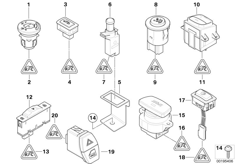 Picture board Various switches for the BMW X Series models  Original BMW spare parts from the electronic parts catalog (ETK) for BMW motor vehicles (car)   Bracket for DWA switch, Convertible-top switch, Hotel position switch, Repair kit, socket housing, 