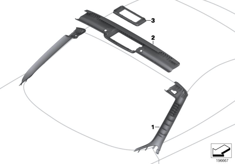 Picture board Trim panel, cowl panel, interior for the BMW Z Series models  Original BMW spare parts from the electronic parts catalog (ETK) for BMW motor vehicles (car)   Cover, column A left, Cover, windscreen panel, top, Frame, light, cowl panel