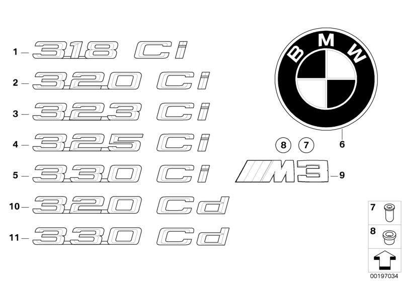 Picture board Emblems / letterings for the BMW 3 Series models  Original BMW spare parts from the electronic parts catalog (ETK) for BMW motor vehicles (car)   EMBLEM ADHERED REAR, Grommet, Plaque