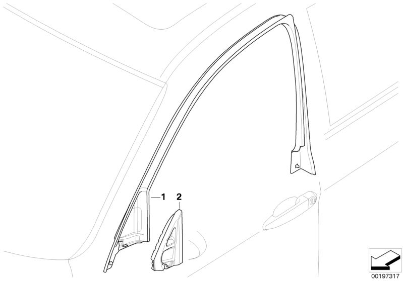 Bildtafel Türfenstermechanismus vorn für die BMW 3er Modelle  Original BMW Ersatzteile aus dem elektronischen Teilekatalog (ETK) für BMW Kraftfahrzeuge( Auto)    Abdeckung Fensterrahmen Tür vorne links, Abdichtung Spiegeldreieck innen rechts
