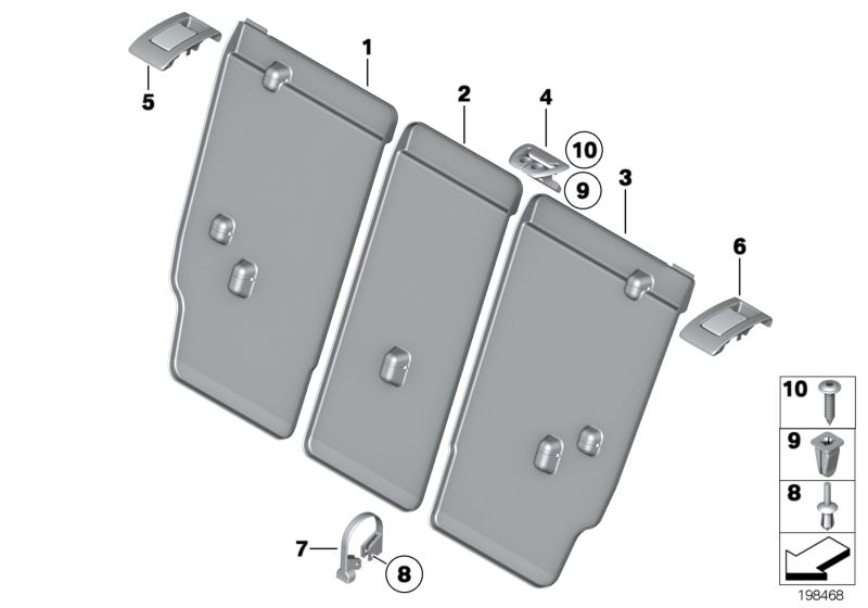 Picture board Seat, rear, seat trims for the BMW X Series models  Original BMW spare parts from the electronic parts catalog (ETK) for BMW motor vehicles (car)   Cover, belt outlet, Cover, left control, Cover, right control, Expanding nut, Expanding rivet