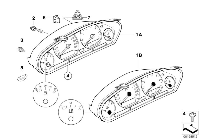 Bildtafel Instrumentenkombination für die BMW Classic Teile  Original BMW Ersatzteile aus dem elektronischen Teilekatalog (ETK) für BMW Kraftfahrzeuge( Auto)    Austausch Instrumentenkombi uncodiert, Codierstecker uncodiert, Glühlampe, Hinweisschild Super