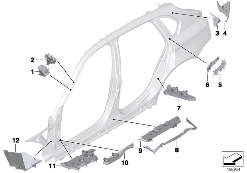 Picture board Cavity shielding, side frame for the BMW X Series models  Original BMW spare parts from the electronic parts catalog (ETK) for BMW motor vehicles (car)   Moulded part column A, bottom ext. right, Moulded part column A, bottom int. right, Mou