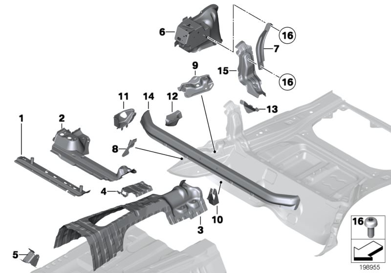 Picture board FLOOR PARTS REAR INTERIOR for the BMW X Series models  Original BMW spare parts from the electronic parts catalog (ETK) for BMW motor vehicles (car)   Bracket for accelerator pedal module, Bracket for centre tension strut, Bracket for front 