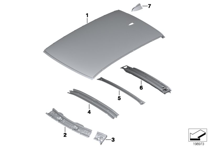 Picture board Roof for the BMW X Series models  Original BMW spare parts from the electronic parts catalog (ETK) for BMW motor vehicles (car)   Empty housing for roof antenna, primed, Rear roof bow, Rear window frame, RIGHT UPPER APRON REINFORCEMENT, Roof