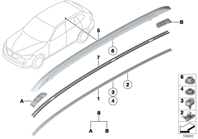 Picture board Roof moulding/Roof rail for the BMW X Series models  Original BMW spare parts from the electronic parts catalog (ETK) for BMW motor vehicles (car)   Clip, GASKET RIGHT, Hex nut, Hex nut with plate, Roof moulding left, Roof railing, left, Scr