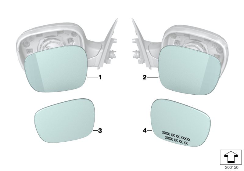 Picture board MIRROR GLASS for the BMW X Series models  Original BMW spare parts from the electronic parts catalog (ETK) for BMW motor vehicles (car)   Mirror glas, convex, right, Mirror glass, heated, convex, right, Mirror glass, heated, plane, left, Mir