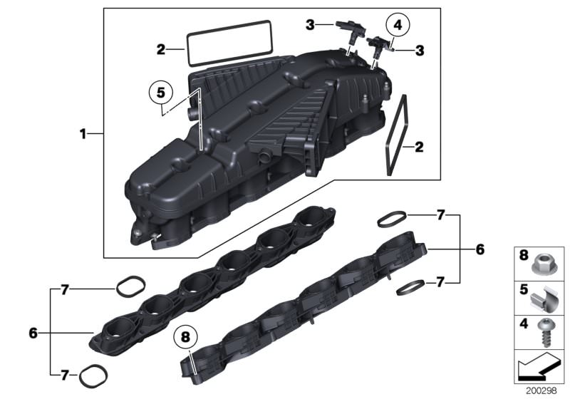 Picture board Intake manifold for the BMW 7 Series models  Original BMW spare parts from the electronic parts catalog (ETK) for BMW motor vehicles (car)   Cable clamp, Flange nut, Intake manifold, Intake manifold system, Pressure sensor, Profile-gasket, S