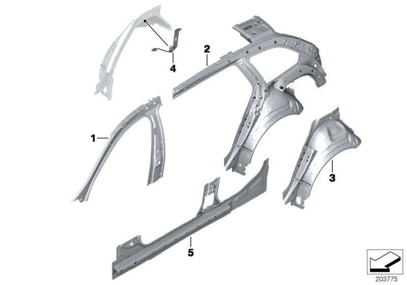 Picture board BODY-SIDE FRAME-PARTS for the BMW 5 Series models  Original BMW spare parts from the electronic parts catalog (ETK) for BMW motor vehicles (car)   Frame side member, inner right, Holder,activated carbon container,bottom, Side frame, inner fr