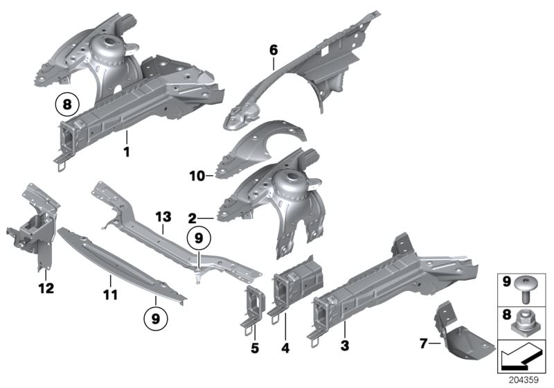 Picture board WHEELHOUSE/ENGINE SUPPORT for the BMW Z Series models  Original BMW spare parts from the electronic parts catalog (ETK) for BMW motor vehicles (car)   Carr.supp. w/o VIN, wheel arch fr. right, Crosslink, EARTH PIN, Front left wheelhouse, FRO