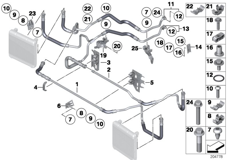 Picture board Engine oil cooler pipe for the BMW 7 Series models  Original BMW spare parts from the electronic parts catalog (ETK) for BMW motor vehicles (car)   Bracket Oil Pipe, Bracket, oil cooler line, Clip, Fillister head screw, Hex Bolt with washer,