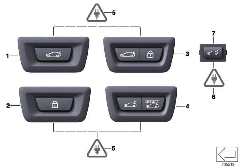 Illustration du Touches coffre et centerlock pour les BMW 6 Série Modèles  Pièces de rechange d'origine BMW du catalogue de pièces électroniques (ETK) pour véhicules automobiles BMW (voiture)   SWITCH TRUNK LID, Switch, Centerlock, Switch, rear-lid Center