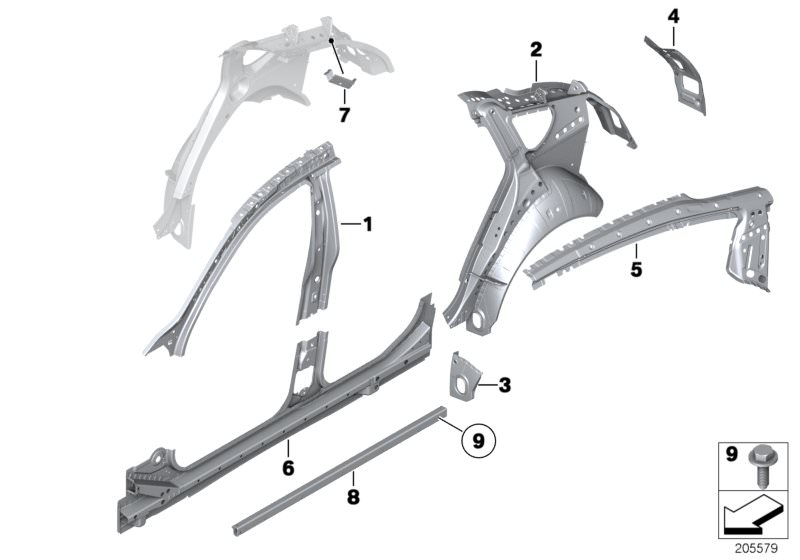 Picture board BODY-SIDE FRAME-PARTS for the BMW 5 Series models  Original BMW spare parts from the electronic parts catalog (ETK) for BMW motor vehicles (car)   BRACKET ACTIVATED CARBON CONTAINER, C-pillar reinforcement, right, Closing plate, longitudinal