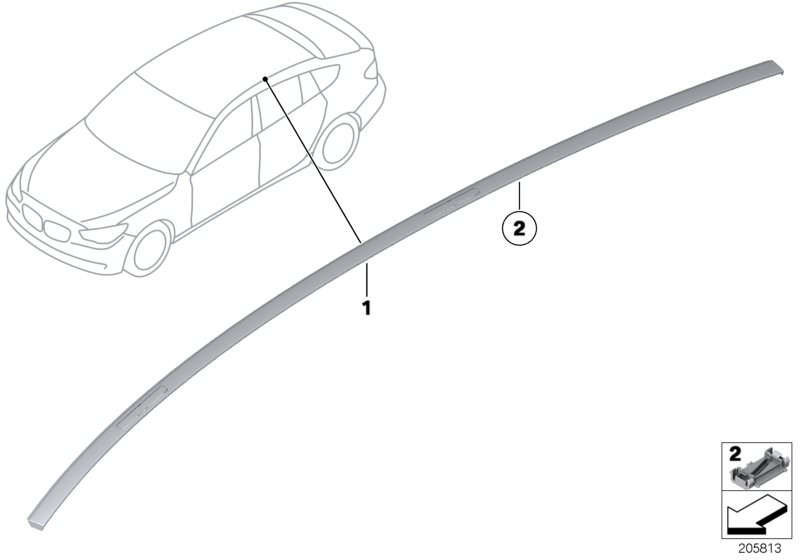 Picture board Roof moulding/Roof rail for the BMW 5 Series models  Original BMW spare parts from the electronic parts catalog (ETK) for BMW motor vehicles (car)   Retainer, roof frame, Roof moulding prime-coated left