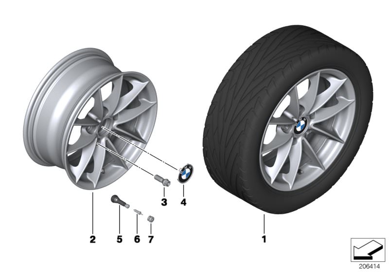 Picture board BMW LA wheel, V spoke 360 for the BMW 1 Series models  Original BMW spare parts from the electronic parts catalog (ETK) for BMW motor vehicles (car)   Hub cap with chrome edge, Light alloy rim, Rubber valve, Valve, Valve caps, Wheel bolt bla