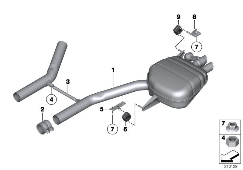 Illustration du système d`échappement arrière pour les BMW 7 Série Modèles  Pièces de rechange d'origine BMW du catalogue de pièces électroniques (ETK) pour véhicules automobiles BMW (voiture)   Bracket, rear silencer, rear right, CLAMPING BUSH, Collar nu