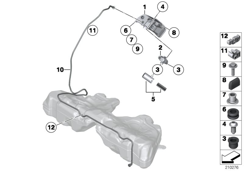 Bildtafel Aktivkohlefilter/Kraftstoffentlüftung für die BMW 5er Modelle  Original BMW Ersatzteile aus dem elektronischen Teilekatalog (ETK) für BMW Kraftfahrzeuge( Auto)    Abstandshülse, Aktivkohlefilter, Dichtungstülle, Gummielement, Gummitülle, Leck Di