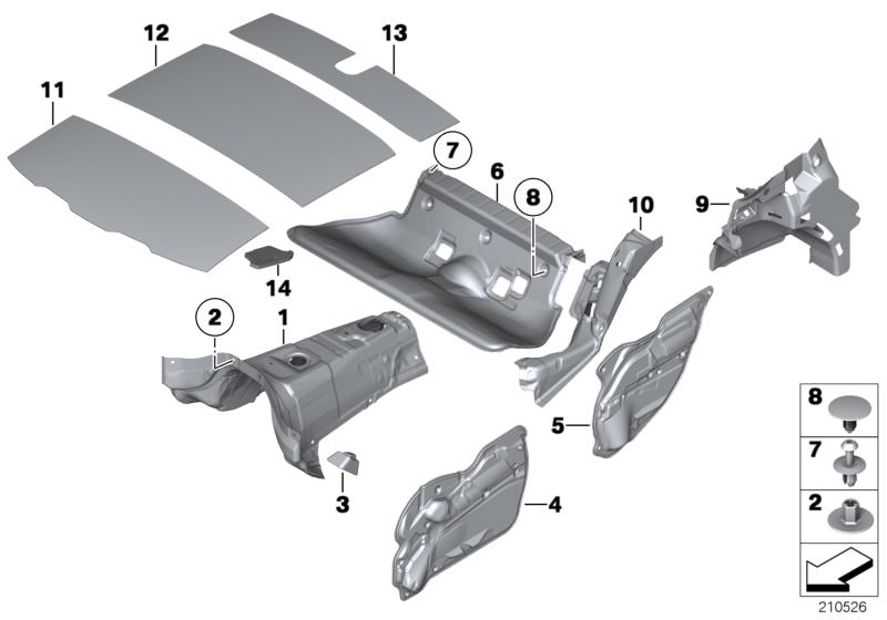 Picture board SOUND INSULATING REAR for the BMW X Series models  Original BMW spare parts from the electronic parts catalog (ETK) for BMW motor vehicles (car)   Clip, Clip nut, Expanding rivet, LOWER B-COLUMN SOUND INSULATION, Sound insul., accelerator pe