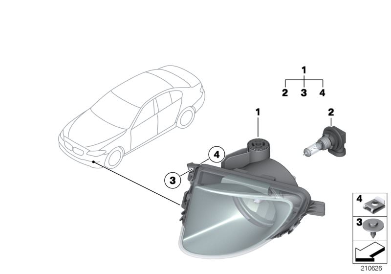 Picture board Fog lights for the BMW 5 Series models  Original BMW spare parts from the electronic parts catalog (ETK) for BMW motor vehicles (car)   Body nut, Bulb, Fog light, glass lens, left, Hex Bolt