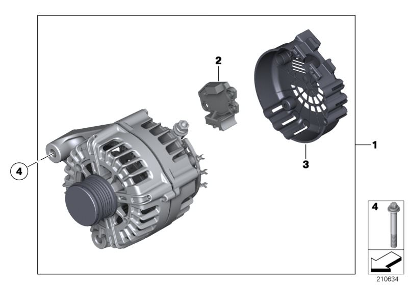 Picture board Alternator for the BMW 3 Series models  Original BMW spare parts from the electronic parts catalog (ETK) for BMW motor vehicles (car)   EXCH generator, Hexalobular socket screw, Protection cap, Voltage regulator