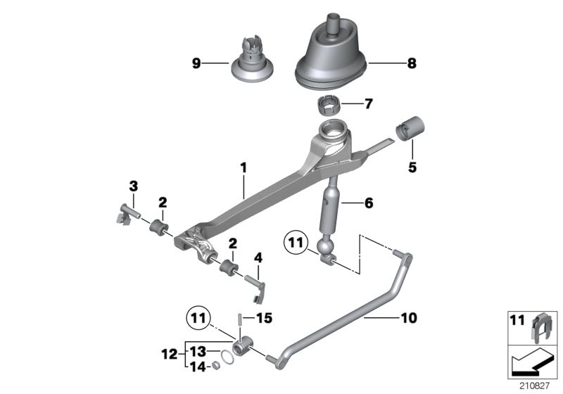 Picture board Gearshift, mechanical transmission for the BMW 5 Series models  Original BMW spare parts from the electronic parts catalog (ETK) for BMW motor vehicles (car)   Bearing bolt, Bearing sleeve, round, Bearing, shift lever, Bearing, shifting arm,
