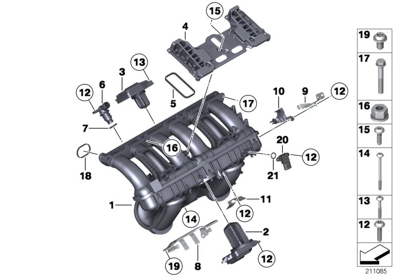 Picture board Intake manifold system for the BMW 7 Series models  Original BMW spare parts from the electronic parts catalog (ETK) for BMW motor vehicles (car)   Adjuster unit, Angle connector, Bracket, cable harness, Cooling plate, Differential pressure 