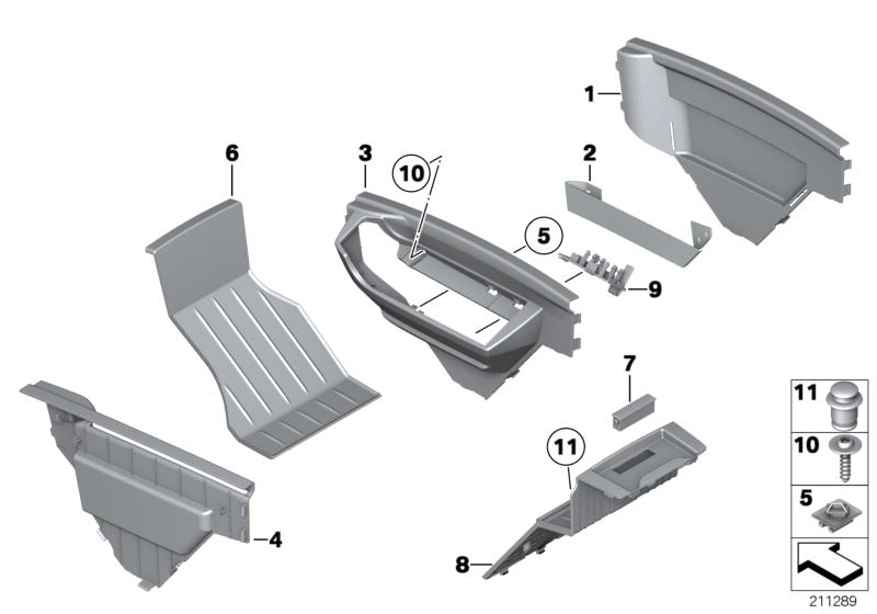 Picture board CENTER CONSOLE STORING PARTITION for the BMW 5 Series models  Original BMW spare parts from the electronic parts catalog (ETK) for BMW motor vehicles (car)   Bracket, plug connection white, Covering left, Covering right, Dummy cover for hote