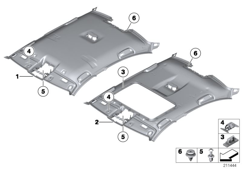 Picture board Headlining for the BMW 5 Series models  Original BMW spare parts from the electronic parts catalog (ETK) for BMW motor vehicles (car)   Clip, Clip Natur, Clip, panoramic glass sunroof, Expanding rivet, Headlining, Headlining, lift-up & slide