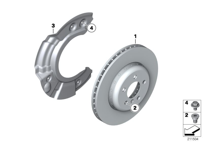 Picture board Front brake / brake disc for the BMW 7 Series models  Original BMW spare parts from the electronic parts catalog (ETK) for BMW motor vehicles (car)   Brake disc, lightweight, ventilated, Hex Bolt, Inner hex bolt, Protection plate right