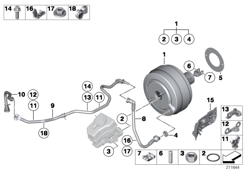 Picture board Power brake unit depression for the BMW 3 Series models  Original BMW spare parts from the electronic parts catalog (ETK) for BMW motor vehicles (car)   ASA-Bolt, BRACKET SUCTION PIPE AIRCONDITIONER, BRAKE MASTER CYLINDER O-RING, Brake pedal